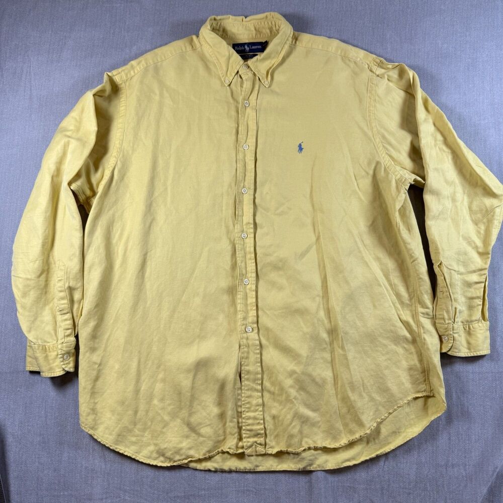 Vtg Ralph Lauren Blake Men's XL Yellow Solid Button-Down Long Sleeve Silk Linen